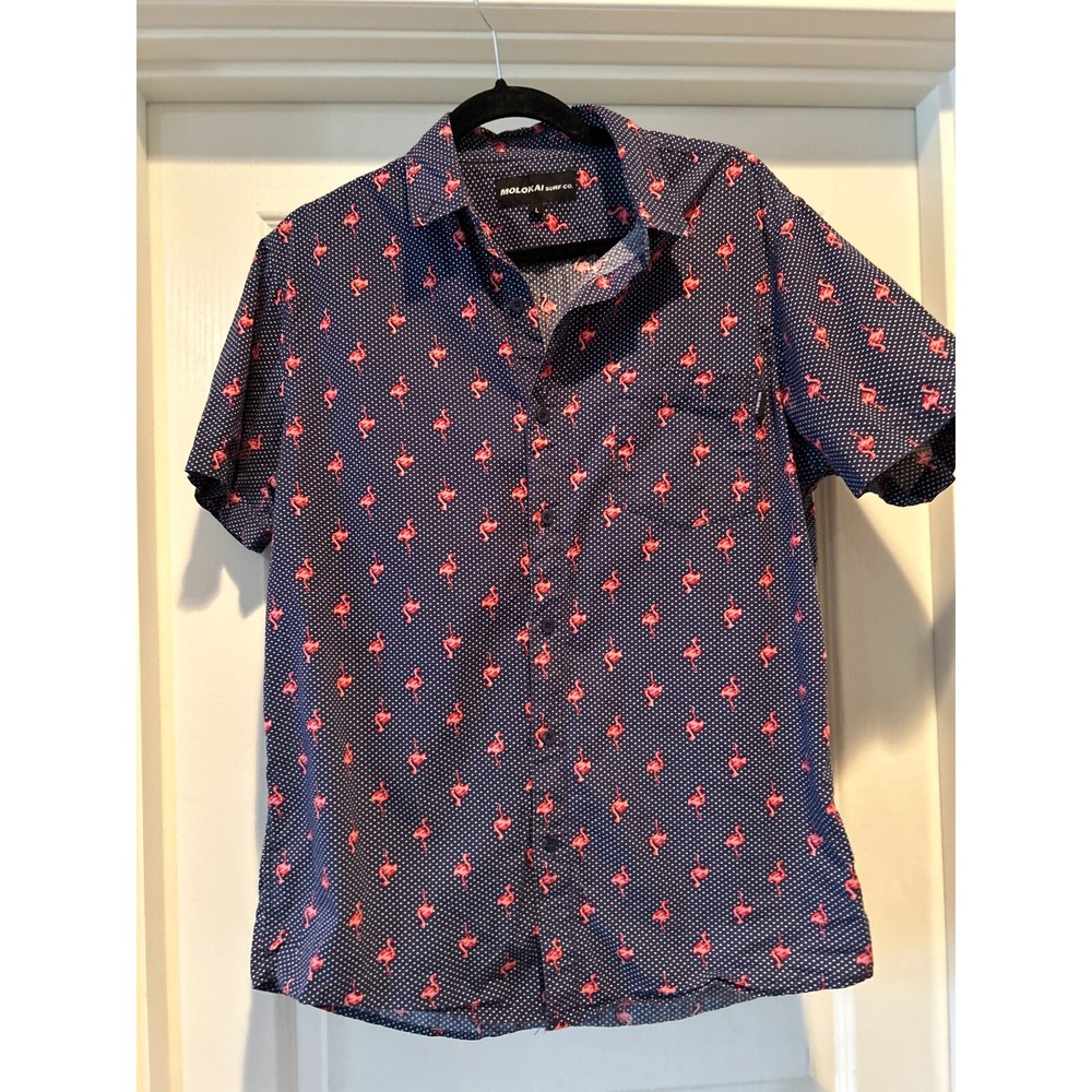 Molokai Surf Co. Mens Large Button Up Shirt Navy Pink Flamingos